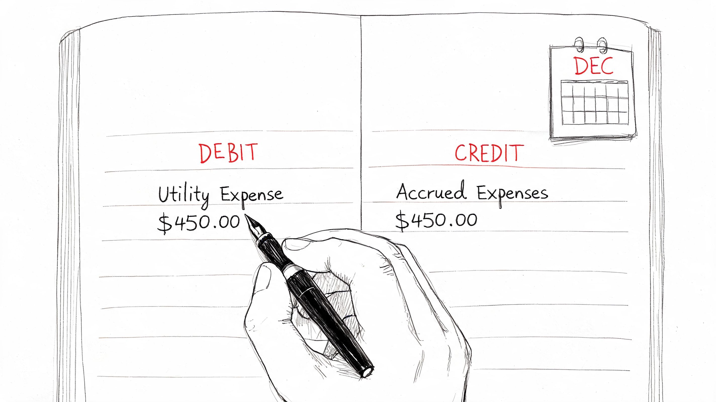 A hand holding a fountain pen writing an accounting journal entry for accrued utility expenses.