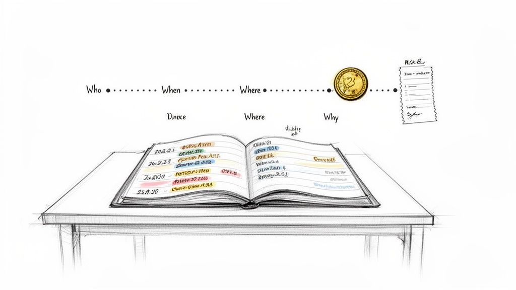 Conceptual drawing of an audit trail process with 'Who, When, Where, Why' questions, a notebook, and a checklist.