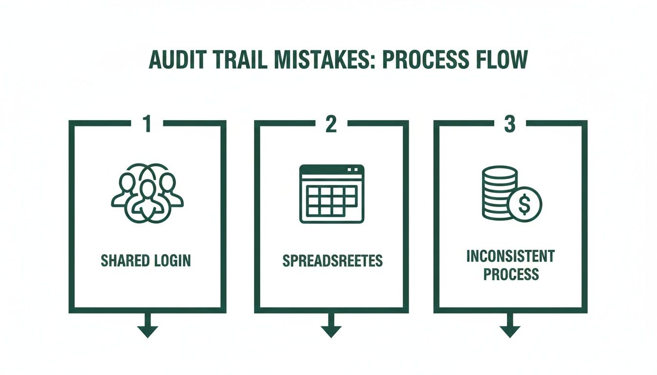 A process flow diagram shows three common audit trail mistakes: shared login, spreadsheets, and inconsistent process.
