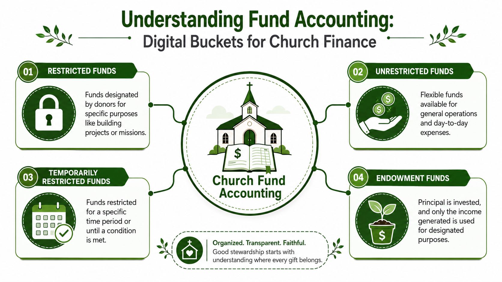 An infographic explaining church fund accounting categories including restricted, unrestricted, temporarily restricted, and endowment funds.