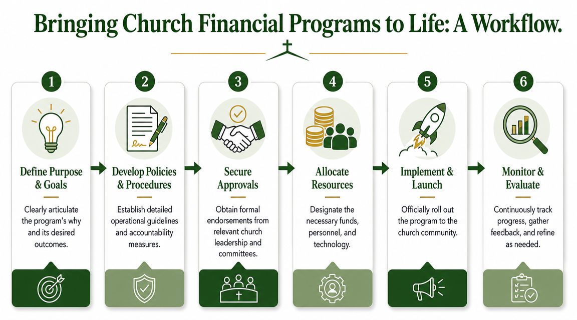 A six-step workflow graphic illustrating how to bring church financial programs to life from definition to evaluation.