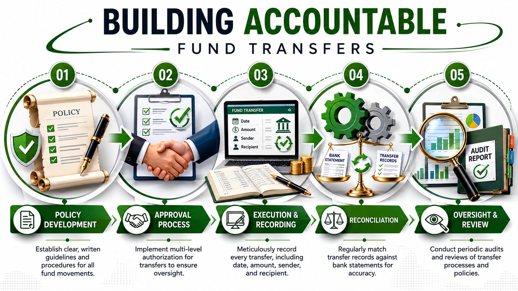 An infographic showing a five-step process for building accountable fund transfers from policy development to final audit review.