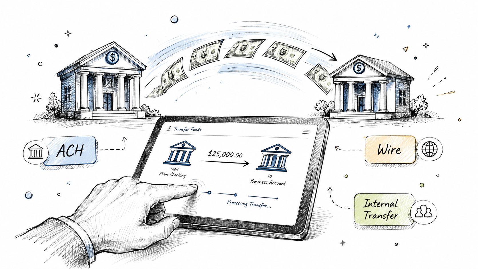 A hand using a tablet to initiate a $25,000 digital bank transfer between two bank buildings.