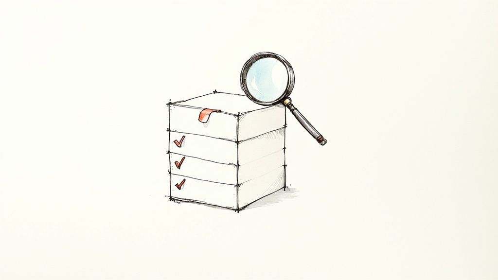 A hand-drawn illustration of a stack of documents with checkmarks and a magnifying glass.