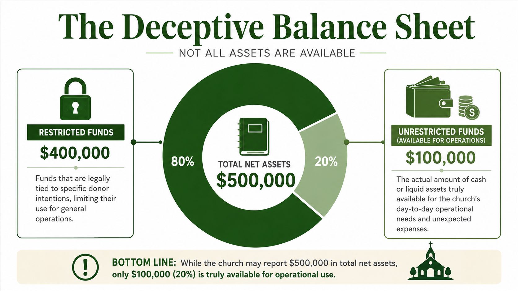 An infographic titled The Deceptive Balance Sheet showing how restricted funds limit operational church assets.