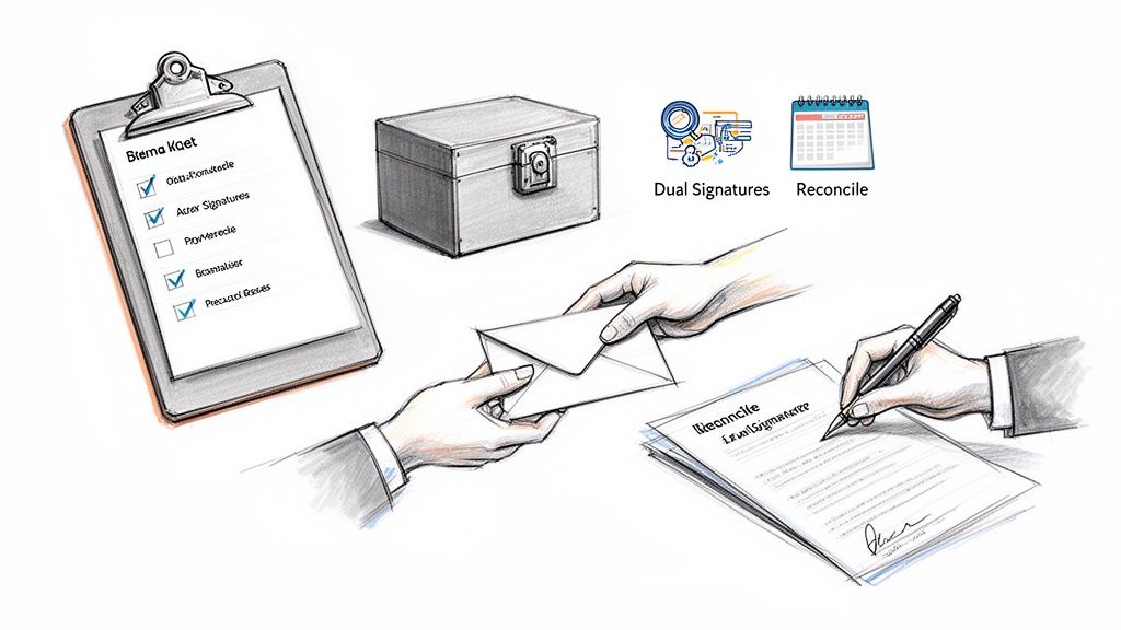 Illustrative sketch showing checklists, secure storage, dual signatures, and document reconciliation processes.