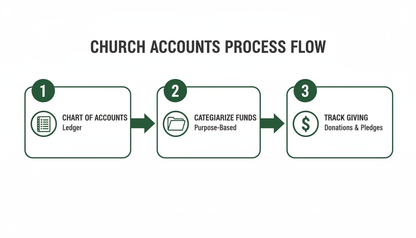 A three-step church accounts process flow diagram with icons for ledger, fund categorization, and donations.