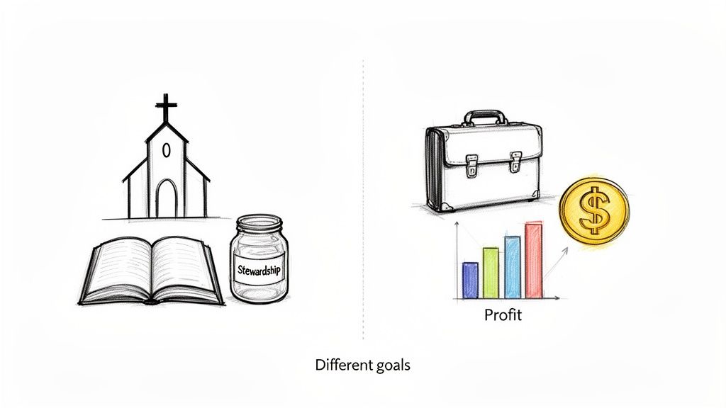 Illustrates the different goals of church stewardship compared to business profit.