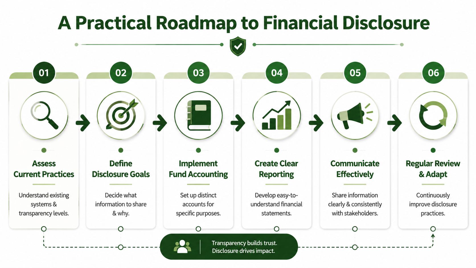 A six-step roadmap for financial disclosure, guiding organizations through assessing, reporting, and improving transparency practices.