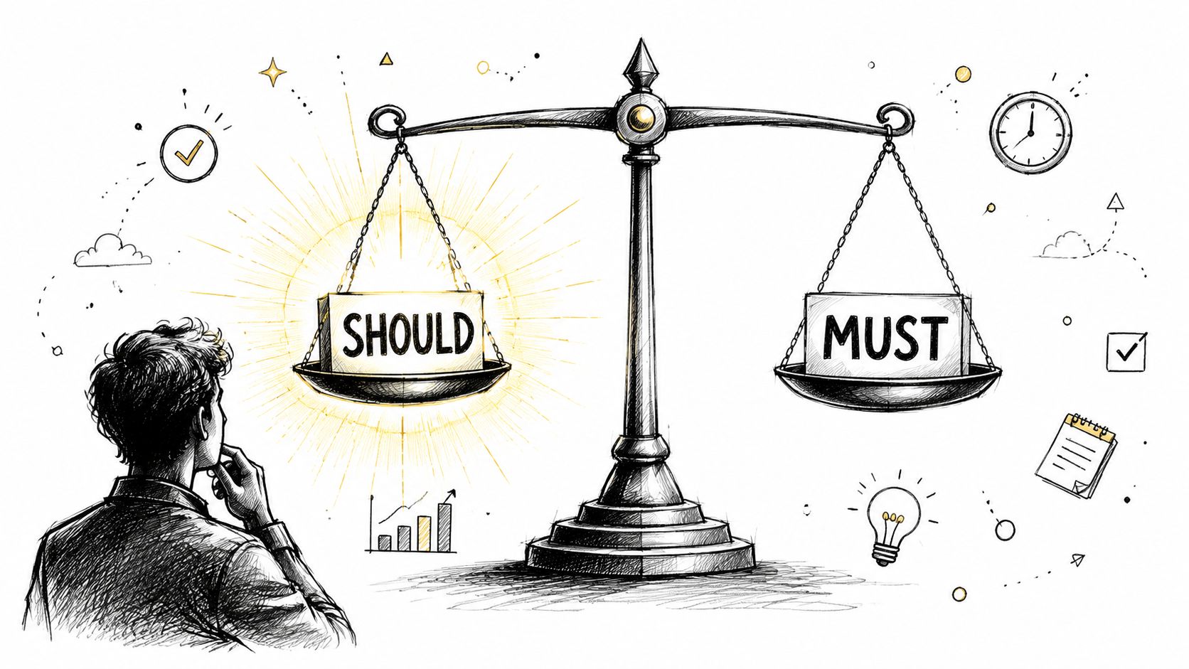 A person observing a balanced scale with the words Should and Must labeled on each side.