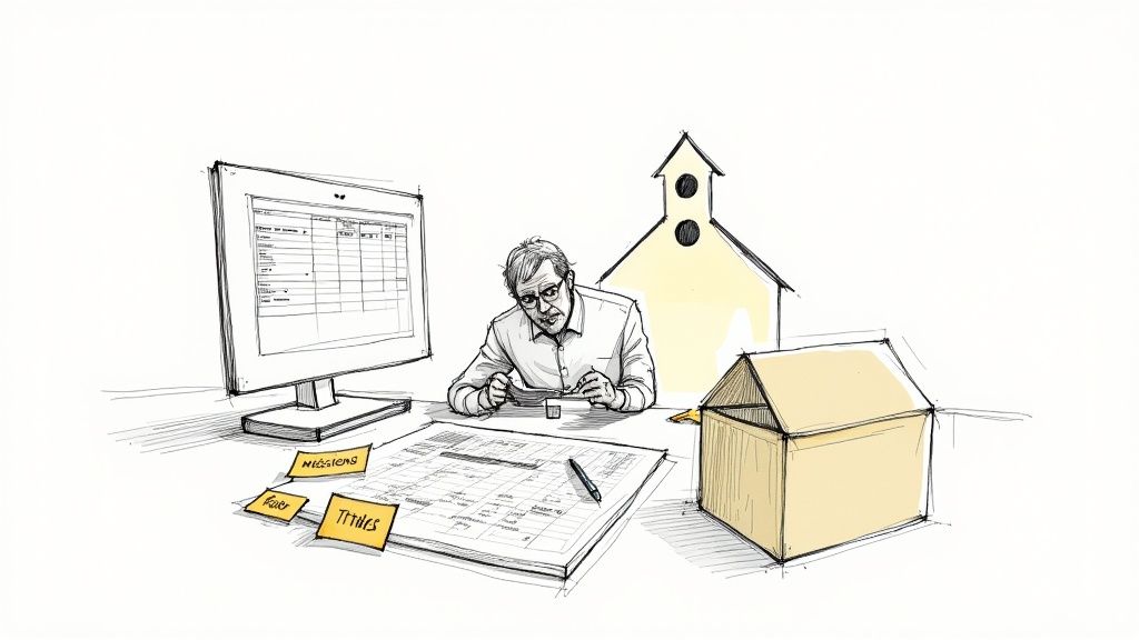 A church volunteer looking stressed while working on a laptop with spreadsheets.