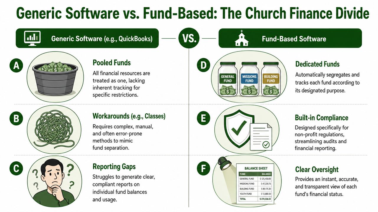 A comparison infographic between generic accounting software and specialized fund-based software for church financial management.