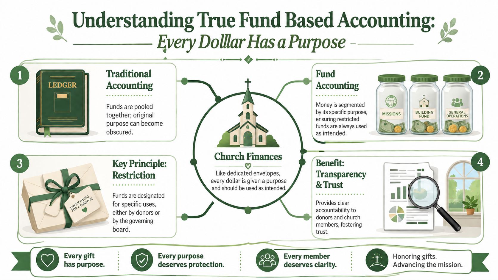 An infographic explaining fund-based accounting for churches, emphasizing transparent financial management and restricted purpose usage for donations.