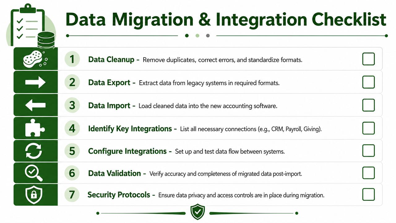 A checklist for data migration and integration steps for new accounting software implementation in an organization.