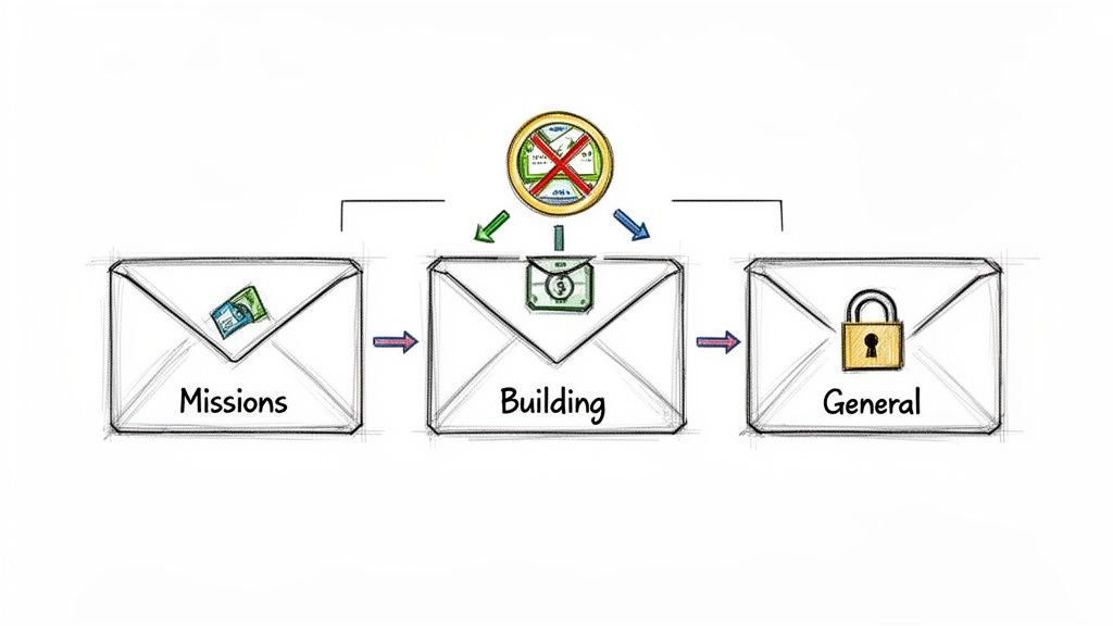 Diagram showing three envelopes labeled Missions, Building, and General, illustrating fund allocation with money and a padlock.