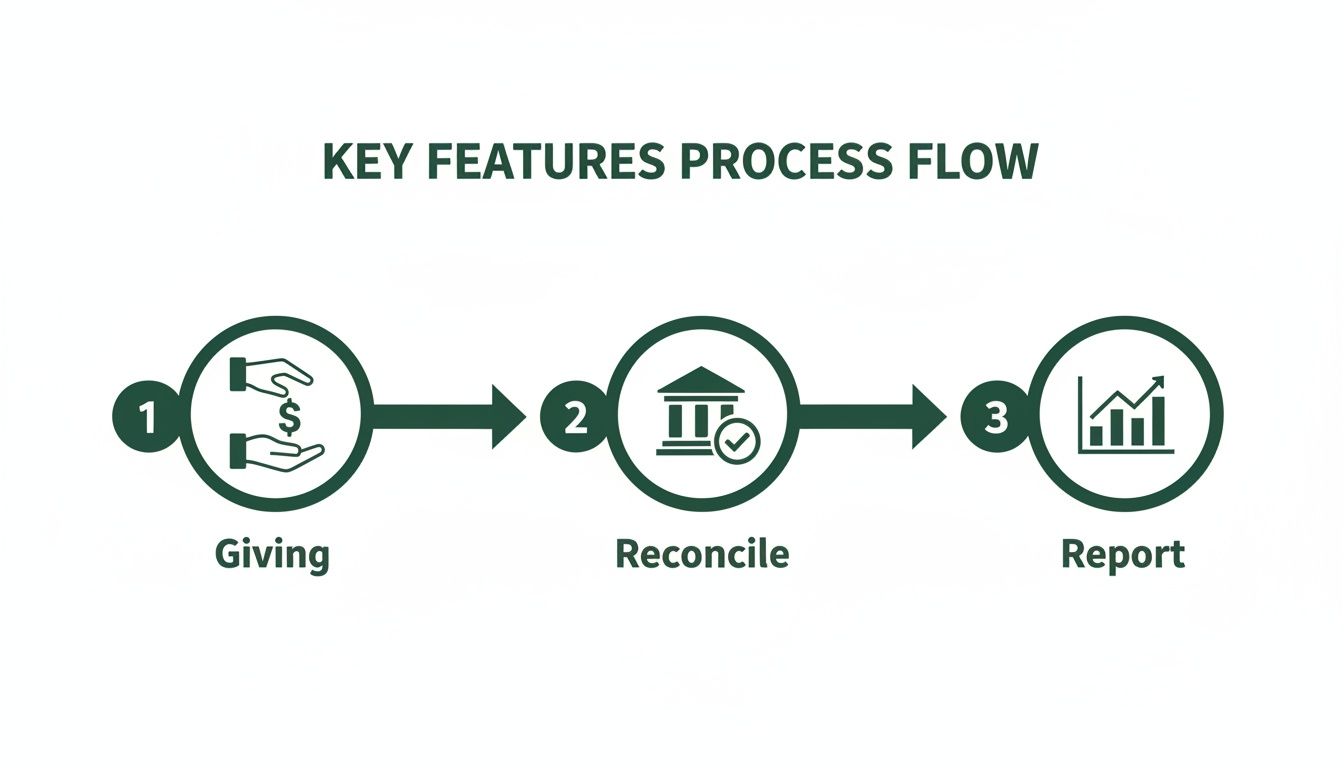 Process flow diagram showing three steps: Giving, Reconcile, and Report, with icons.