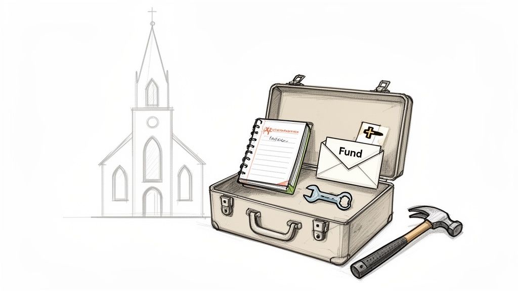 A church building sketch with a suitcase of financial and repair tools: notebook, fund envelope, wrench, hammer.