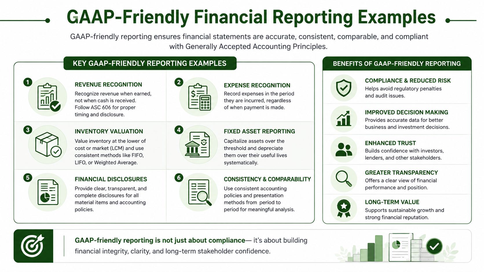 An infographic detailing GAAP-friendly financial reporting examples, including revenue recognition, expense recognition, and benefits for stakeholders.