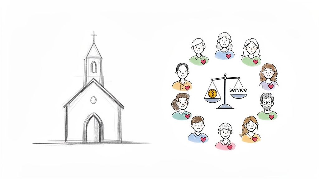 A church building stands next to a circle of diverse people with hearts, balancing money and service.