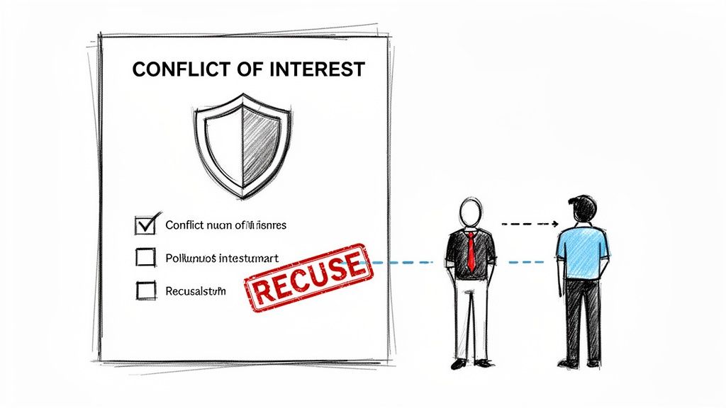 A drawing of a 'Conflict of Interest' document, a 'RECUSE' stamp, and two people, highlighting ethical considerations.