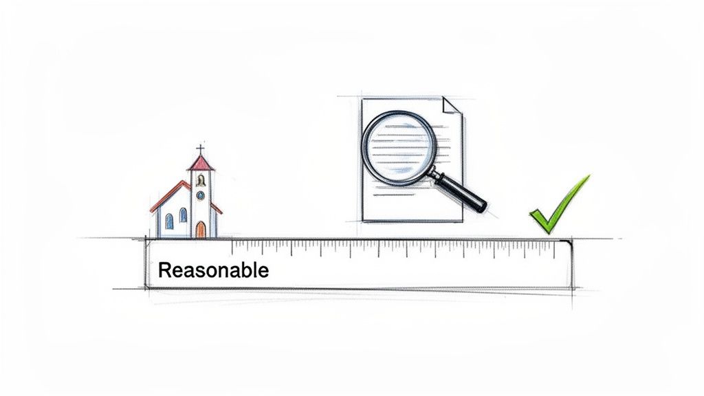 An illustration of a church, a document with a magnifying glass, and a checkmark on a ruler labeled 'Reasonable'.