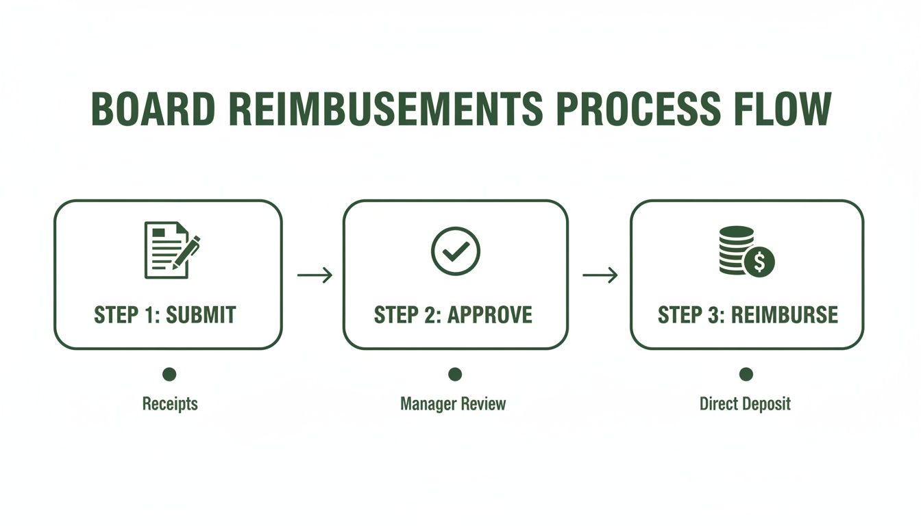 A three-step process flow for board reimbursements, including submitting receipts, manager review, and direct deposit.