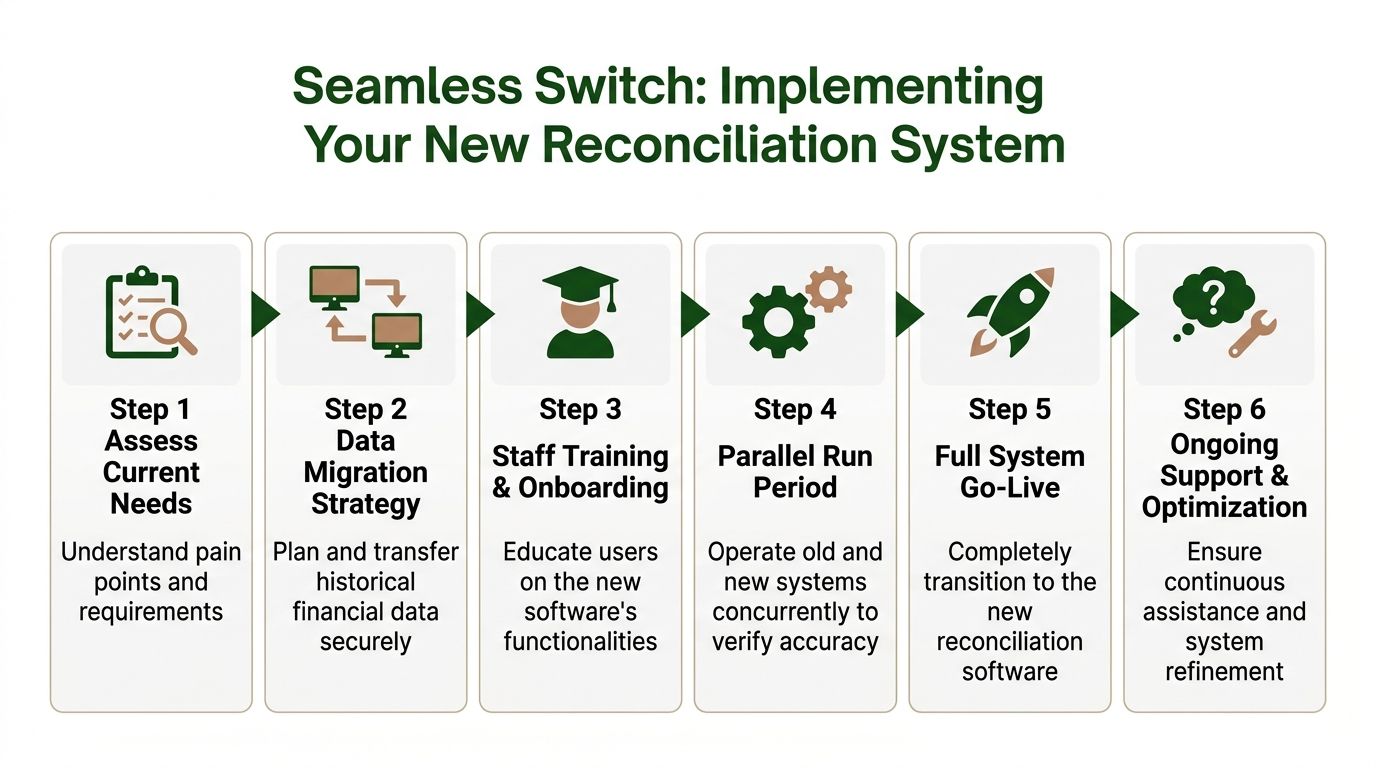 A six-step infographic guide detailing the process for successfully implementing a new bank reconciliation system.