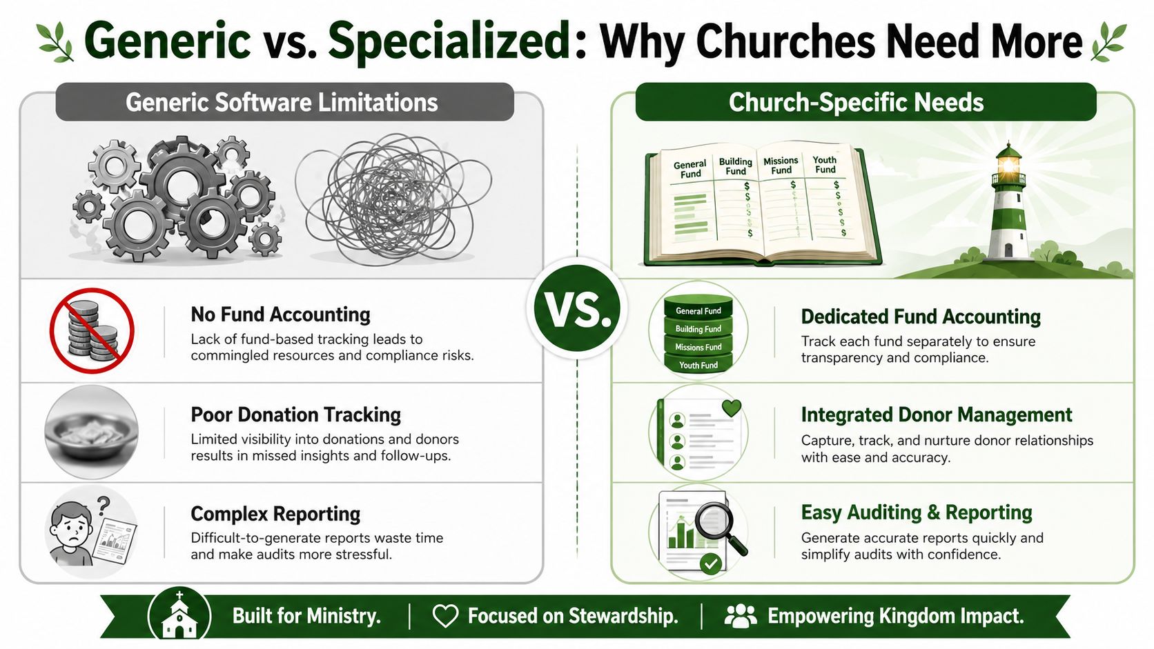 A comparison infographic showing why churches need specialized software over generic solutions for financial accounting and reporting.