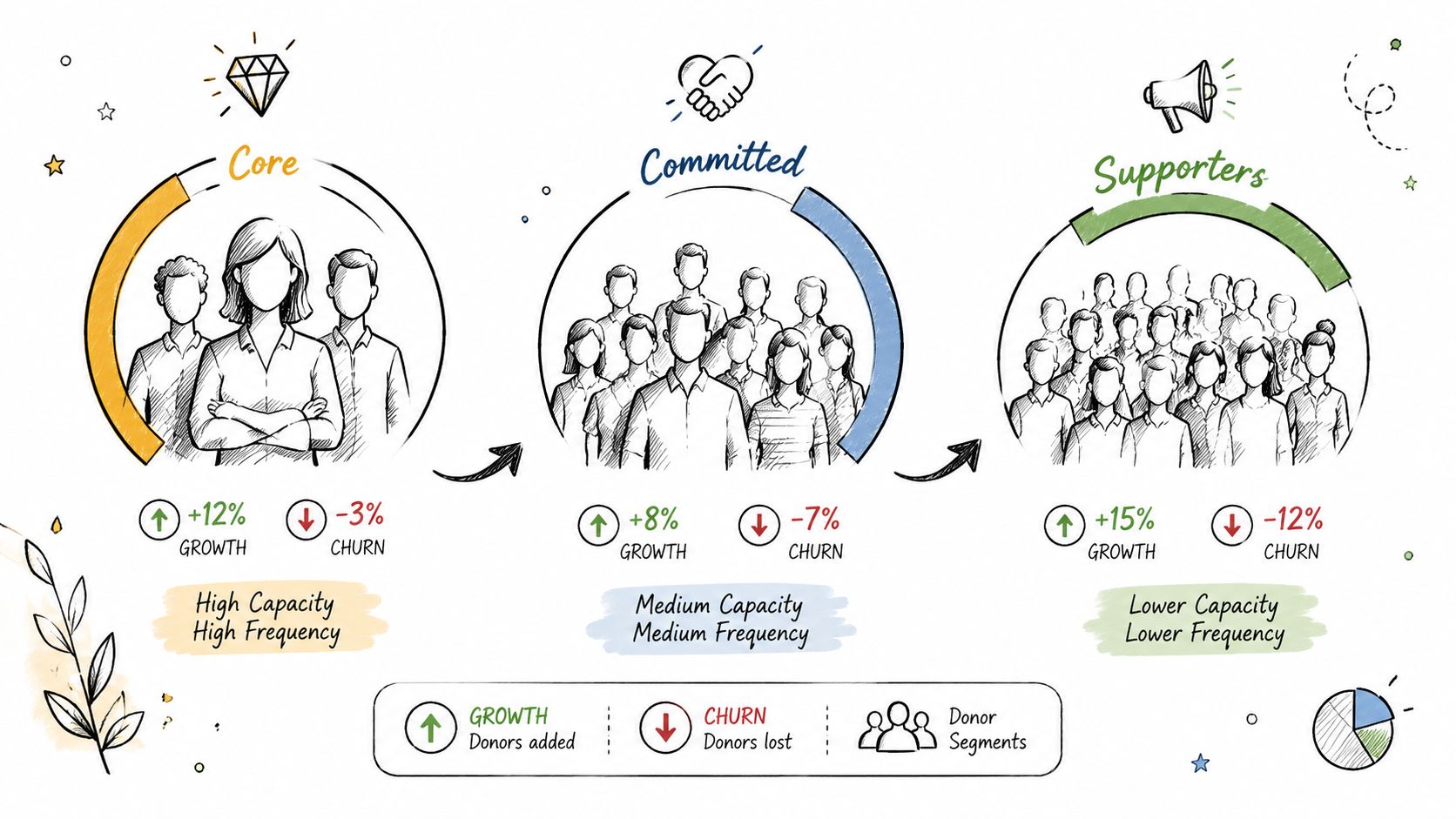 An infographic illustrating three donor segments labeled Core, Committed, and Supporters with growth and churn statistics.