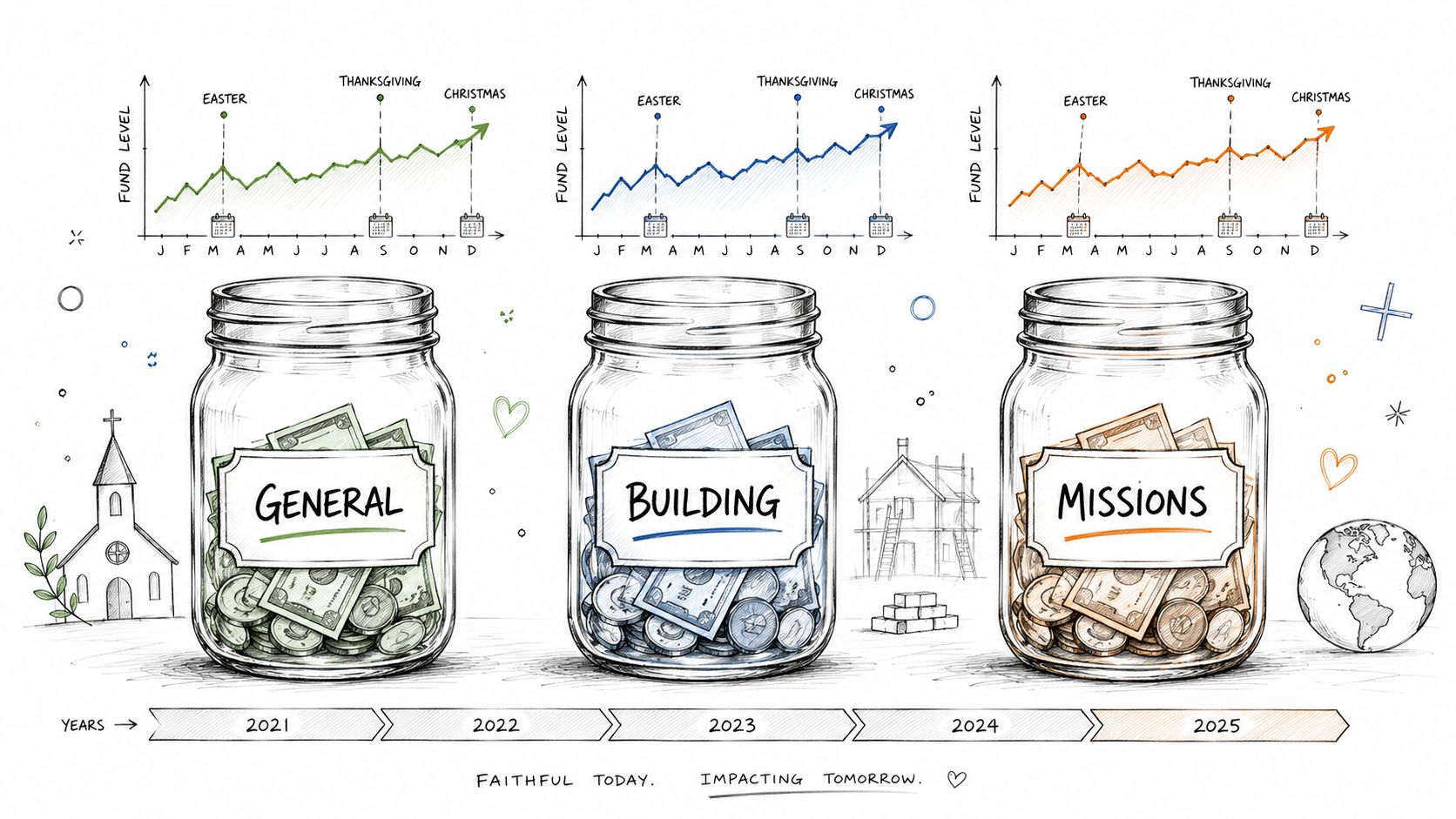 A conceptual illustration showing three money jars labeled General, Building, and Missions with accompanying growth charts over time.