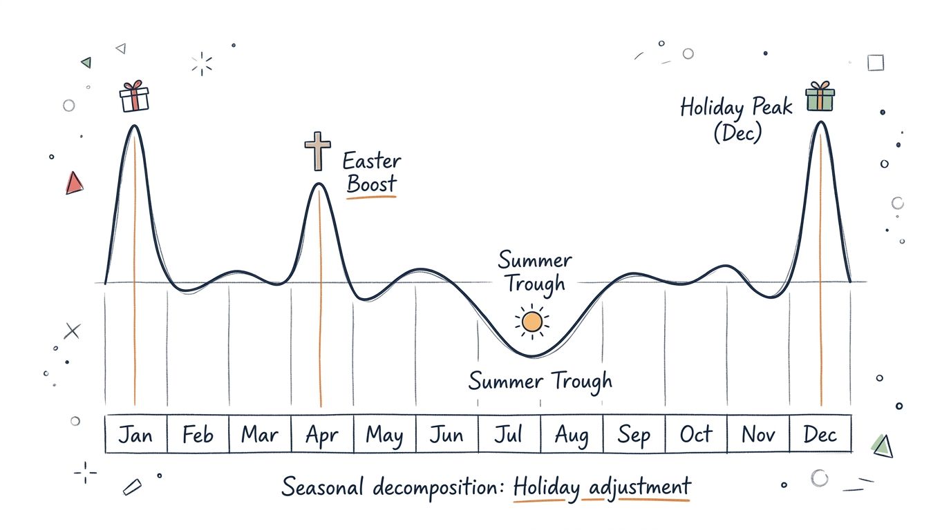 An illustration of seasonal decomposition showing revenue fluctuations across months with holiday peaks and summer troughs.