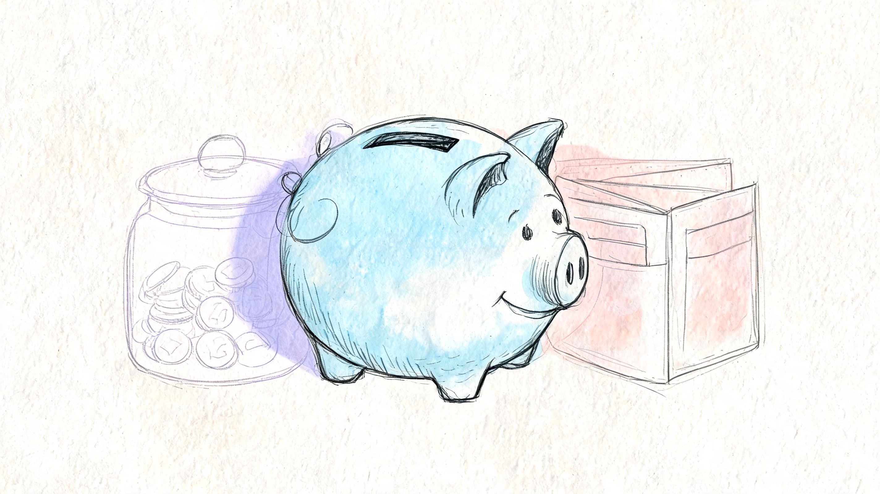 A conceptual illustration featuring a piggy bank between a glass jar of coins and a wallet.