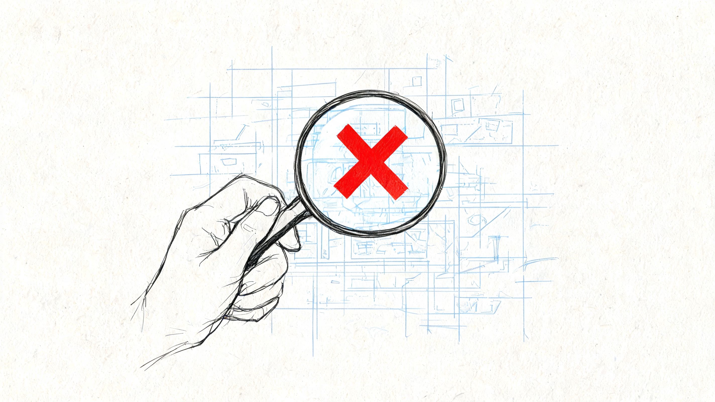 A hand holding a magnifying glass over a red X symbol against a blueprint background.