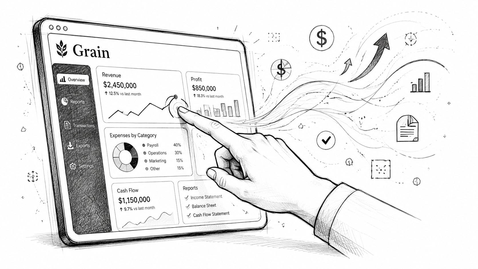 A sketched digital tablet interface showing business financial analytics being operated by a human hand.