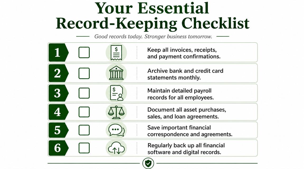 A checklist of six essential financial record-keeping steps for businesses to ensure better organization and future success.