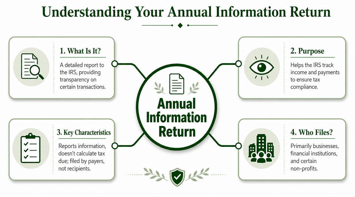 An infographic titled Understanding Your Annual Information Return explaining its purpose, key characteristics, and who needs to file.