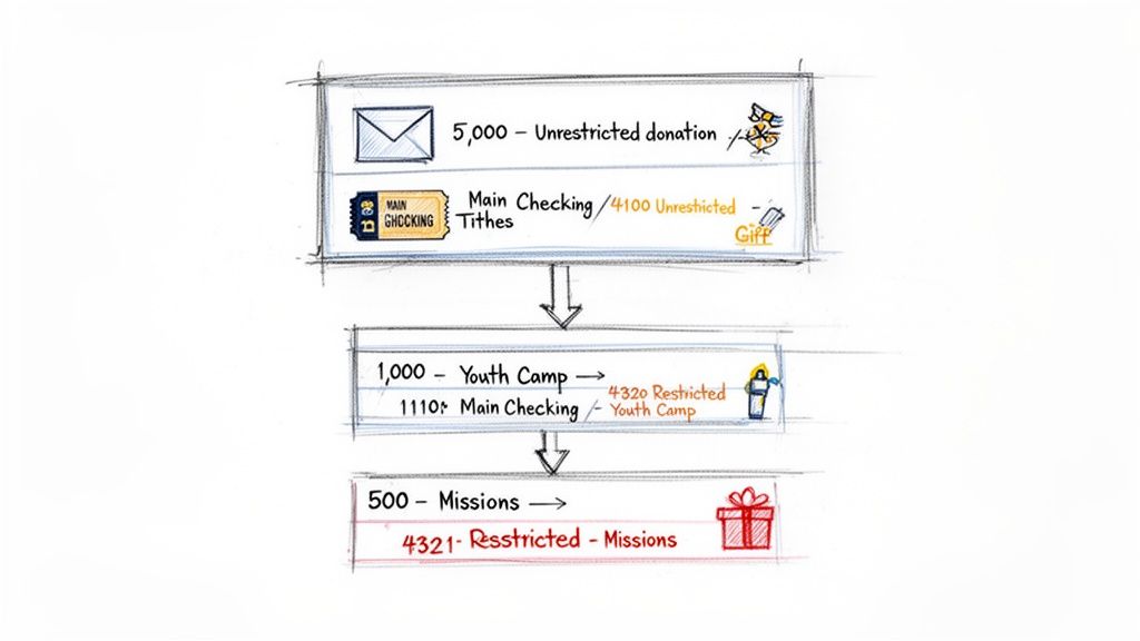 Flowchart illustrating donation allocation in a non-profit, showing unrestricted, youth camp, and missions funds.