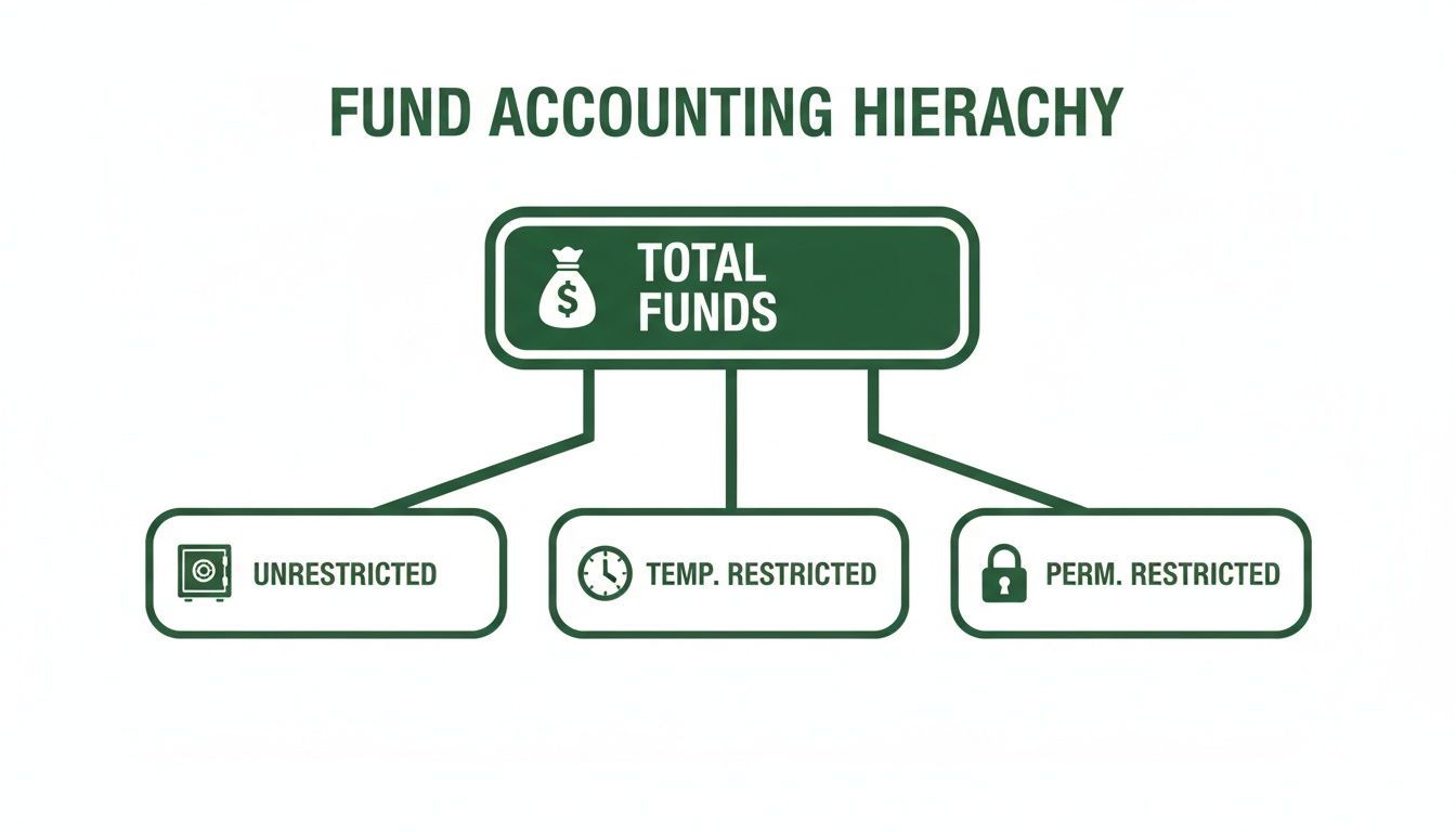 A hierarchical chart illustrating fund accounting, categorizing total funds into unrestricted, temporarily restricted, and permanently restricted funds.