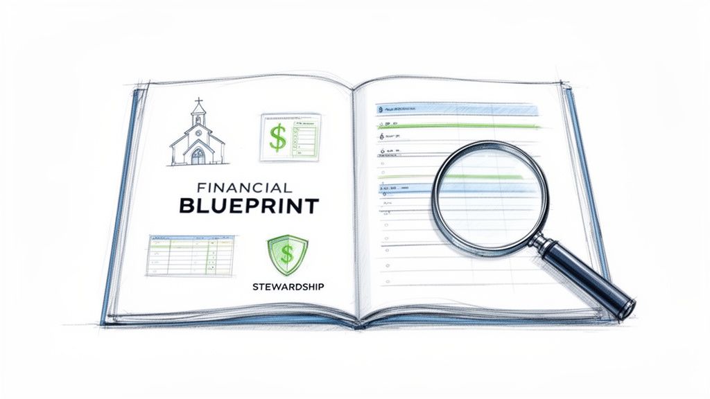 Open blueprint book showing financial planning, church, charts, stewardship, and a magnifying glass.