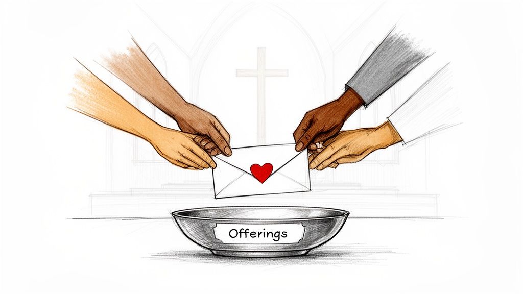 Diverse hands collectively hold an envelope with a heart, placing it into an "Offerings" bowl for church.