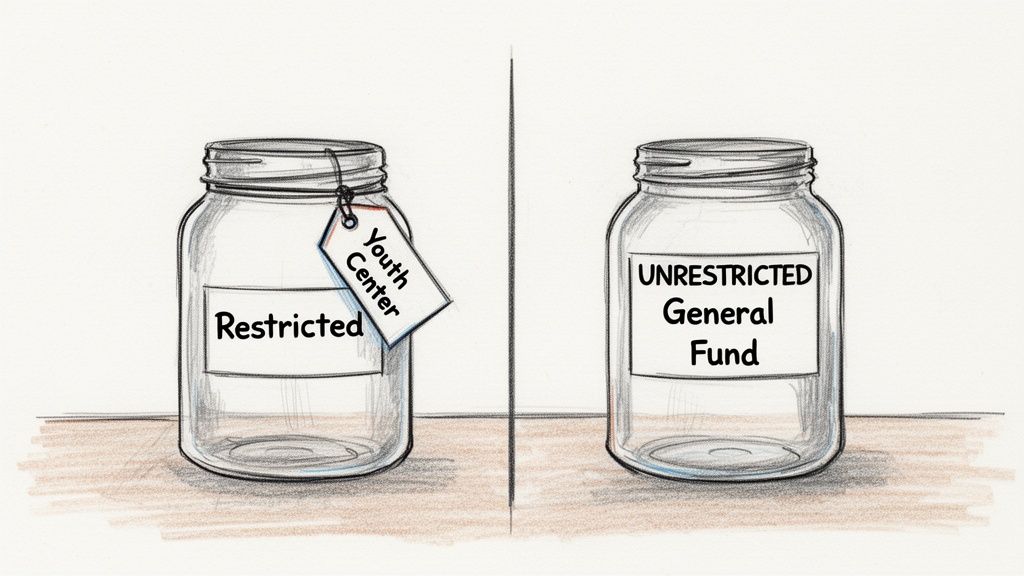 Two jars illustrate fund types: one restricted for 'Youth Center', the other an 'UNRESTRICTED General Fund'.