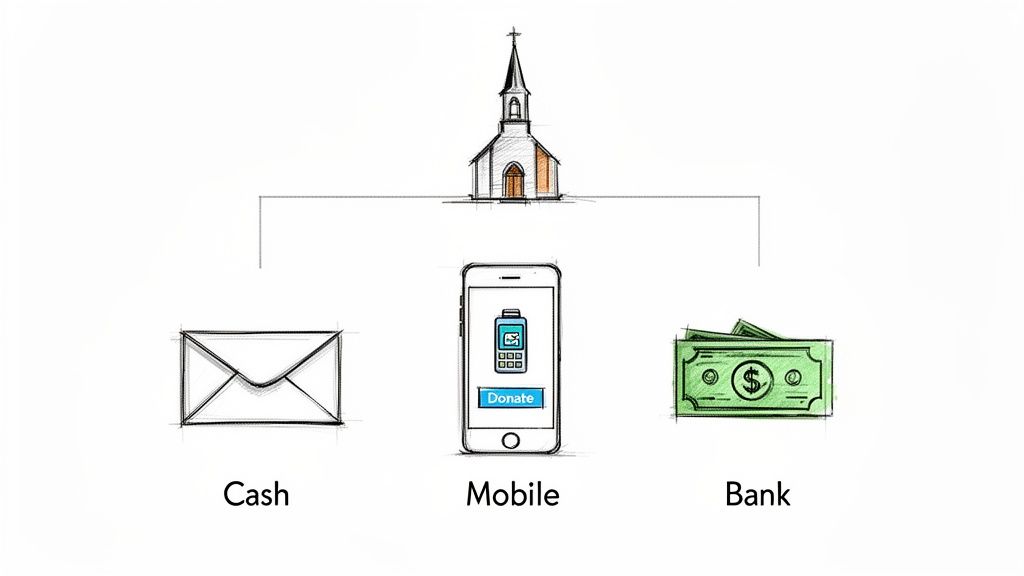 Illustration showing various ways to donate to a church: cash, mobile app, and bank transfer.