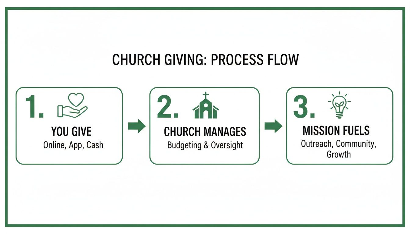 A three-step process flow diagram illustrating church giving, from donation to church management and mission funding.