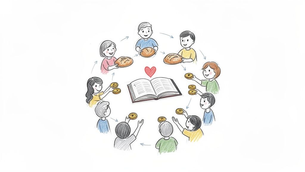 A diverse group of people sharing bread and coins in a circle around an open book and heart.
