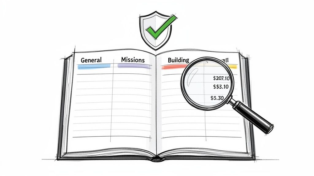 An open ledger book showing financial records, with a magnifying glass examining dollar amounts, and a shield with a green checkmark.