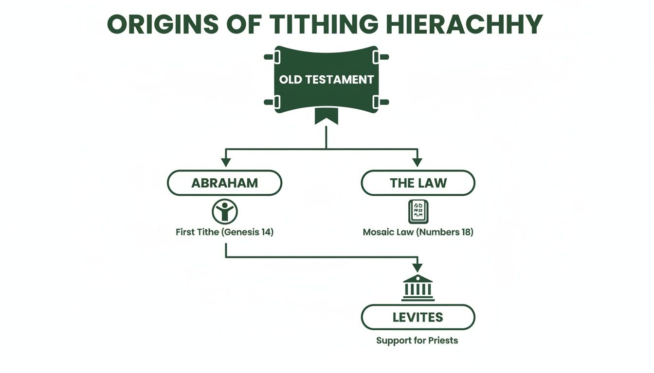 A diagram illustrating the Old Testament origins of tithing hierarchy, featuring Abraham, The Law, and Levites.