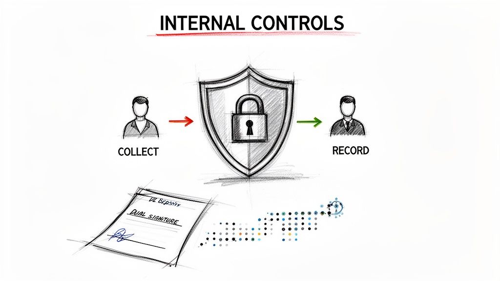 Diagram illustrating internal controls: collecting and recording duties separated by a security shield, with dual signature.