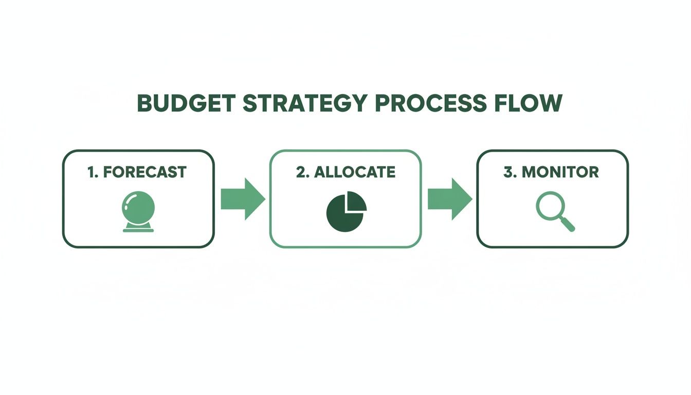 A budget strategy process flow diagram showing three steps: Forecast, Allocate, and Monitor.
