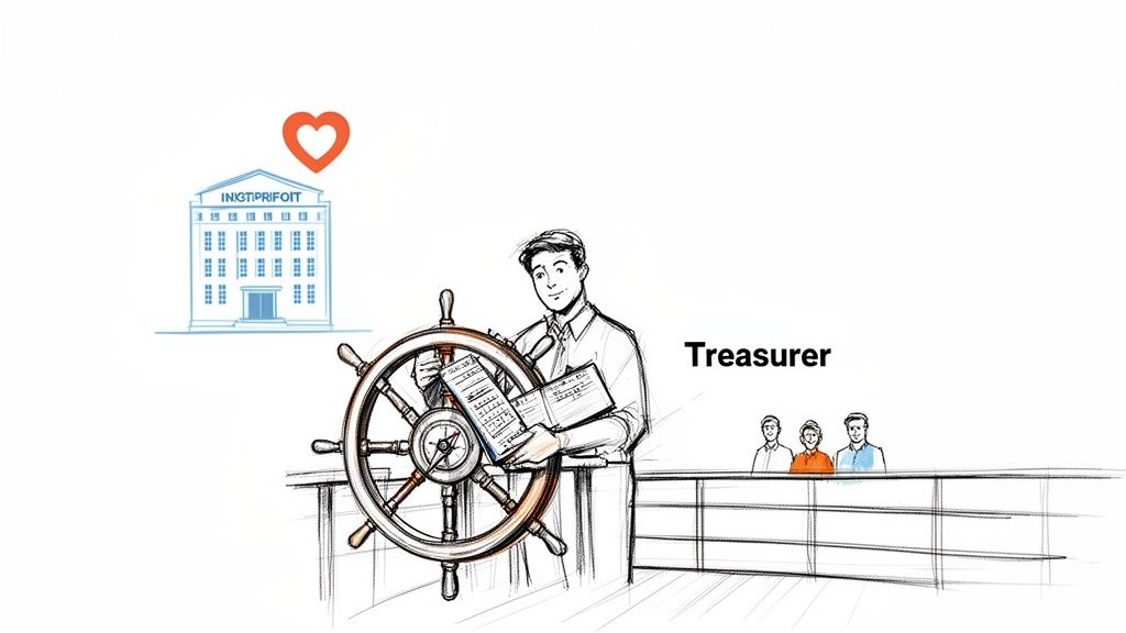 A treasurer at a ship's helm, holding documents, overseeing a nonprofit organization.