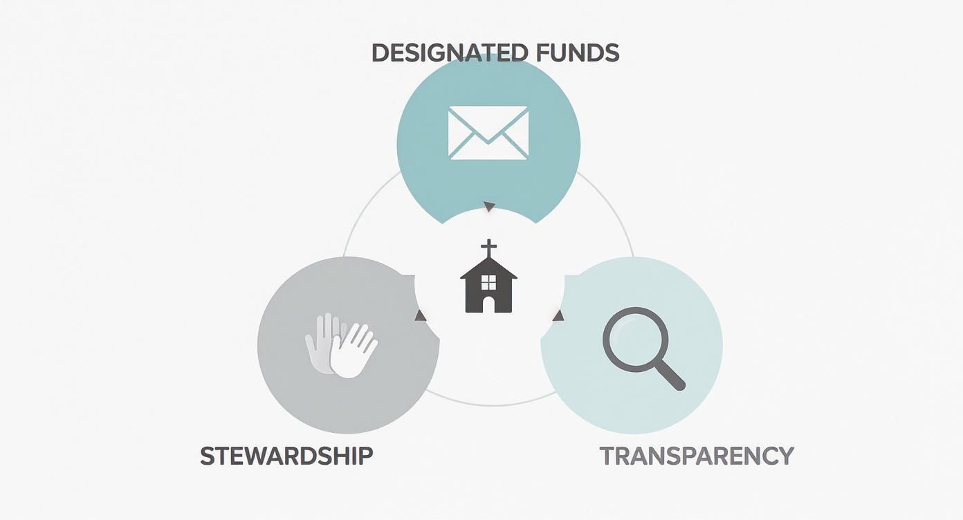 A diagram shows designated funds, stewardship, and transparency circling a church icon, illustrating financial principles.